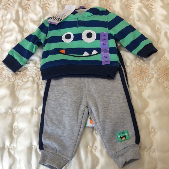 4 Piece Set Infant Baby boy Fleece lined pullover Hoodie Bodysuit 2 Fleece pants - Picture 6 of 9